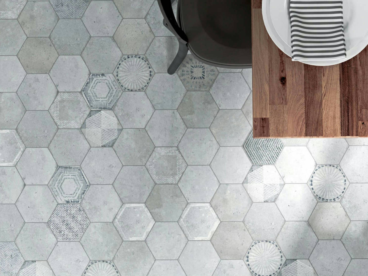 Alma 5.5x6.3” Grey and Grey Decor Hexagon | Best Tile and Wood