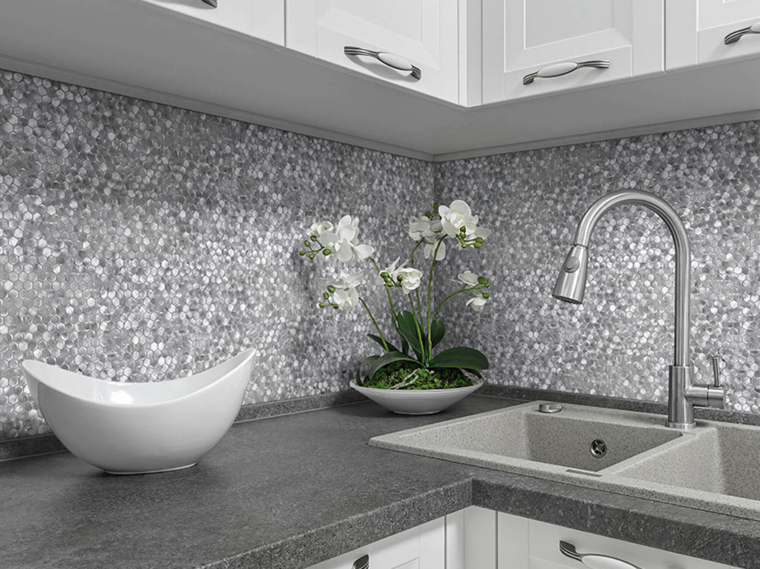 Medium Hexagon Silver Aluminum Mosaic  | Best Tile and Wood
