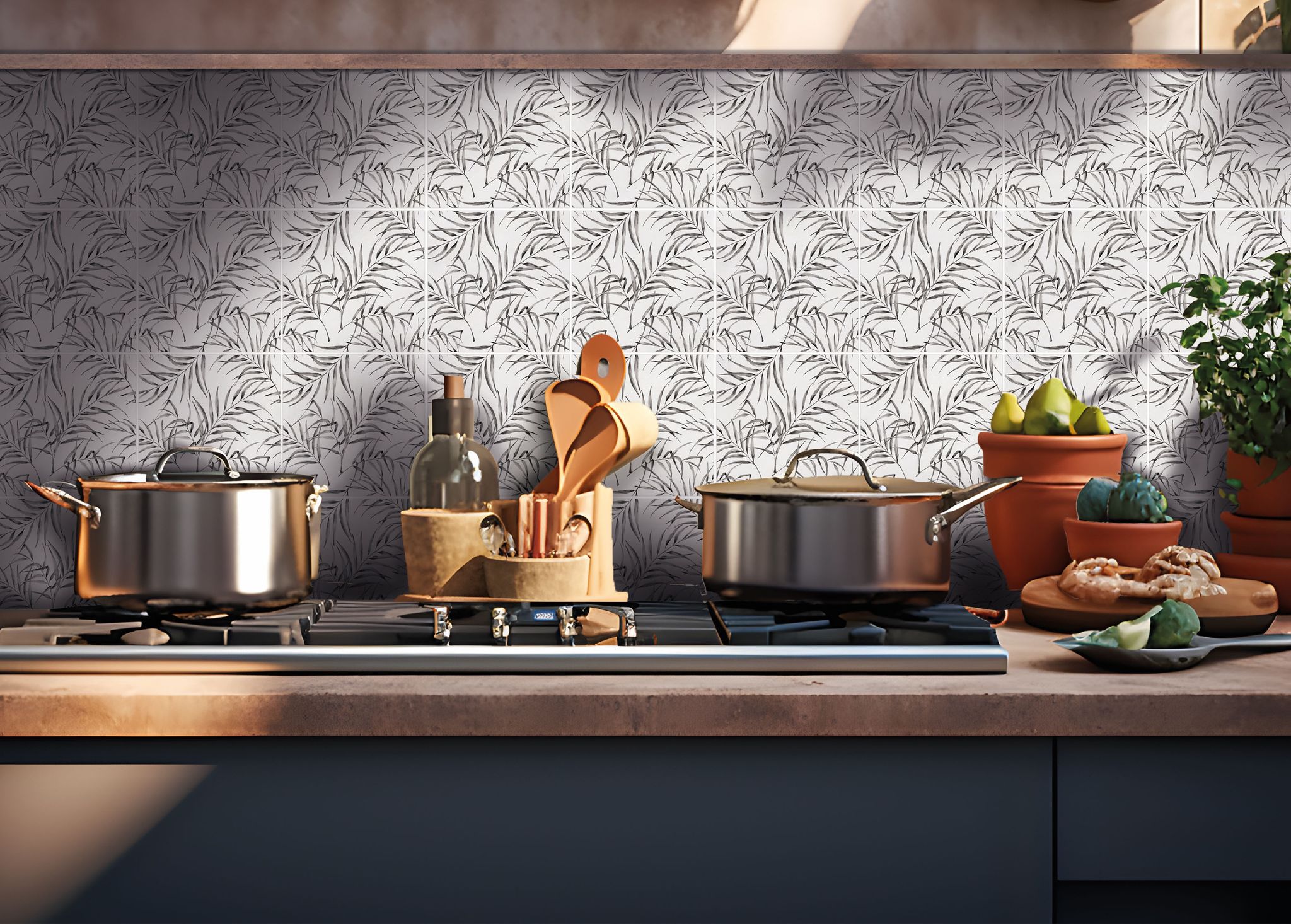 6"x6" Grey Palm Leaf Printed White Marble | Best Tile and Wood