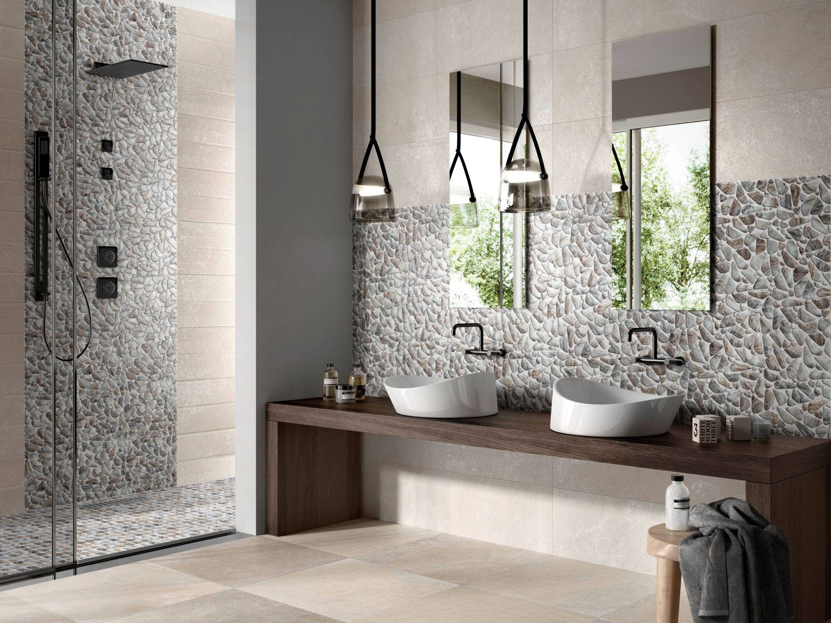 Glass Pebble Grey Beige Mix + Glass Square Grey Beige Mix | Best Tile and Wood