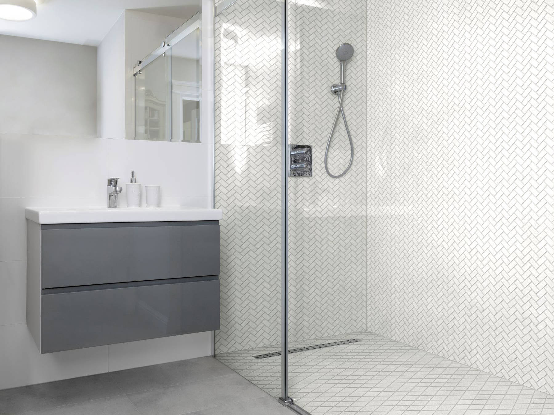 Herringbone Crystal + Crystal White  Marble Diamond | Best Tile and Wood